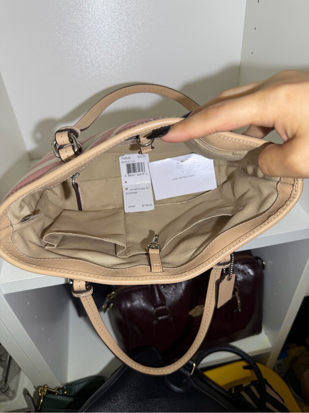 Coach Pink and White Zebra-Print Canvas Mini Tote with Tan Leather Trim - Picture 4 of 7